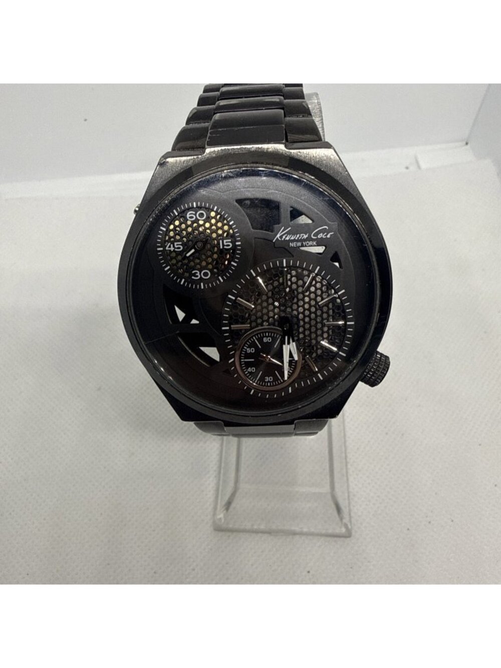 Kenneth Cole KC3992 Men's DUAL TIME Black Dial SS  Watch READ MISSING LEFT CROWN